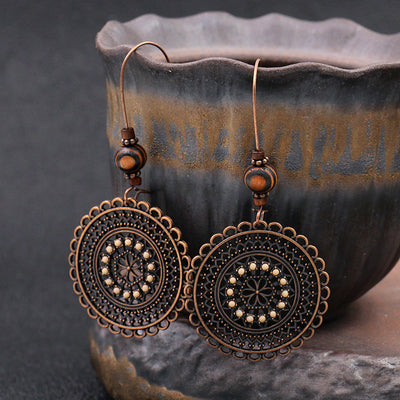 Retro Fashion Round Flower Rhinestone Wooden Beads Ethnic Earrings