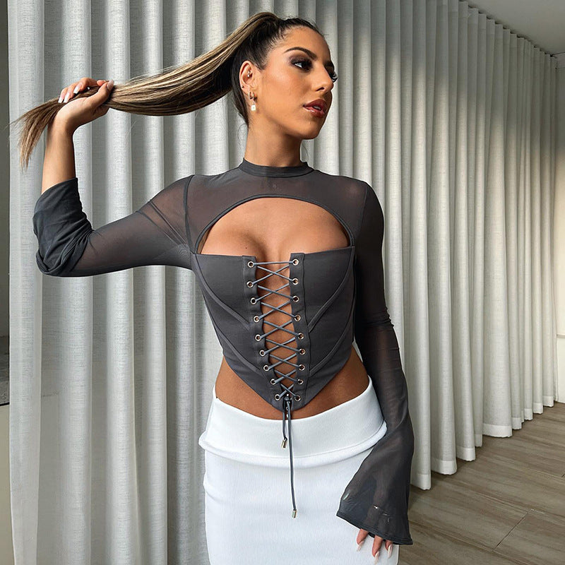 Solid Color Casual Backless Round Neck Long Sleeve Lace-up Gauze Slim Top